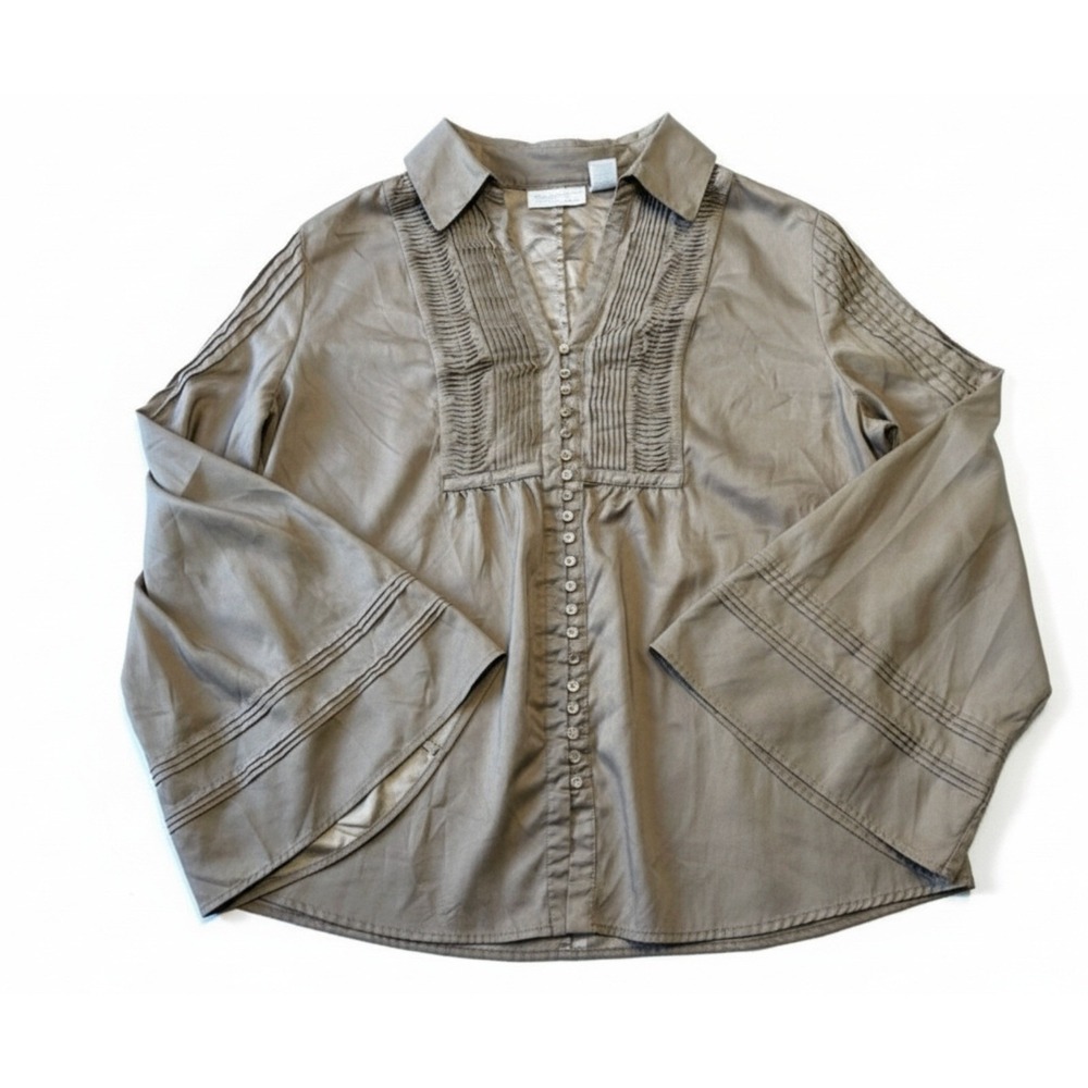 Soft Surroundings Womens Taupe Pintuck Pleated Bell Sleeve Button Blouse Large